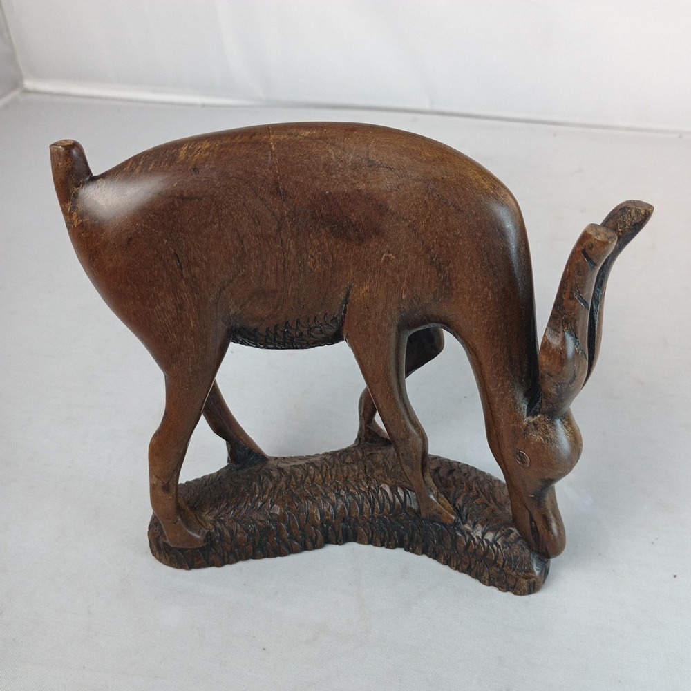 Hand Carved Grazing Antelope Oryx Gazelle Brown Sculpture Statue Hard Wood 5" - Picture 2 of 12